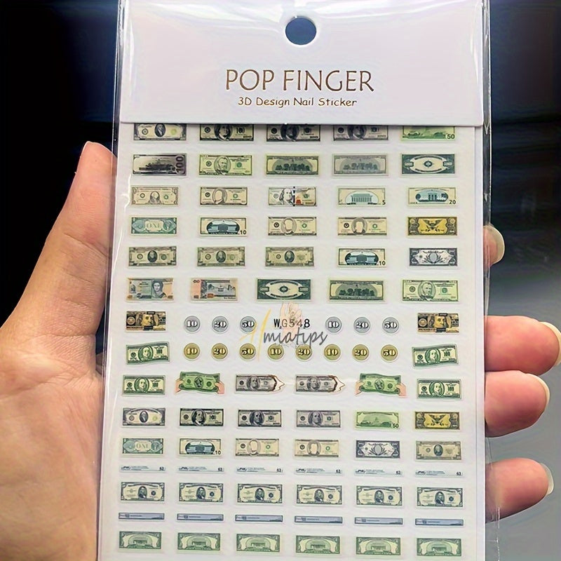 3D Money Dollar Sign Nail Art Stickers, Self-Adhesive Paper Decals, Casual Style, No Effect, for DIY Acrylic Nails, Manicure & Pedicure Decor